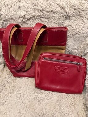Coach Red and Tan Leather Tote with Matching Red Pouch